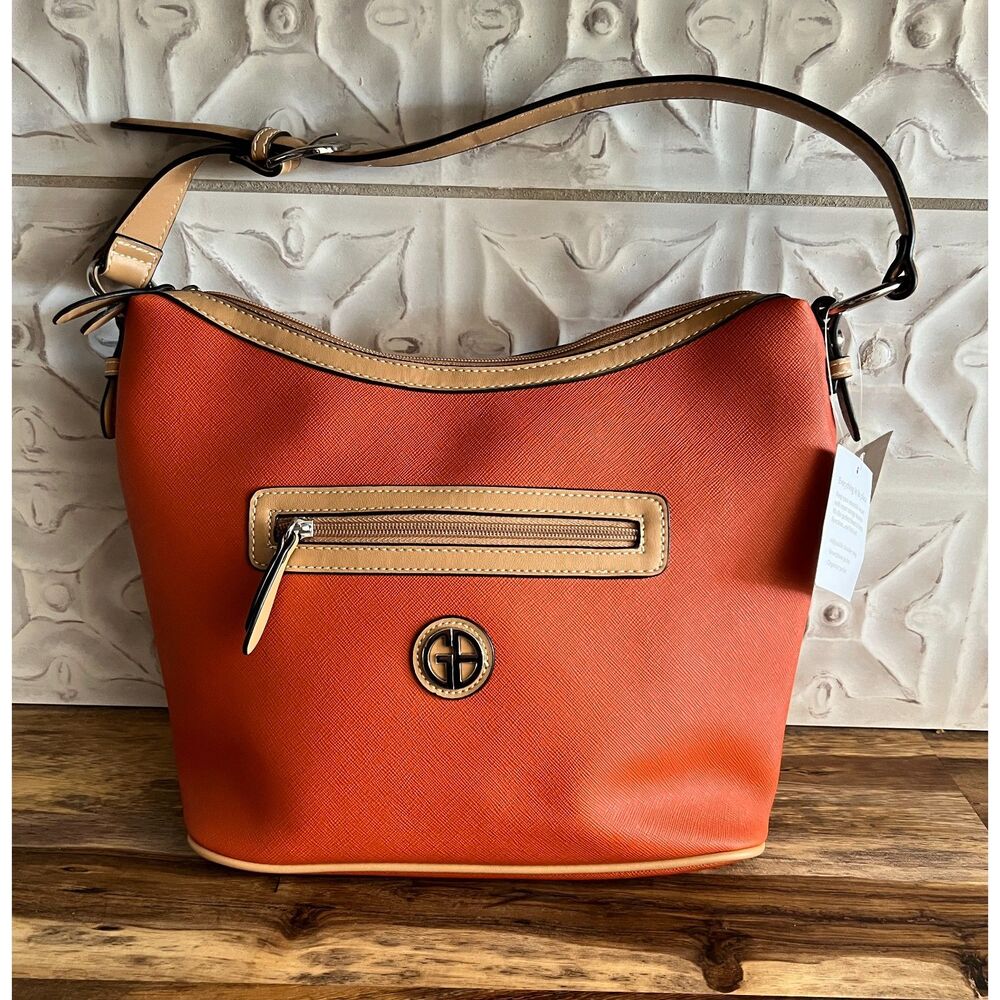 Giani Bernini Orange Tan Adjustable Shoulder Bag NWT with Organizer / Phone Slot